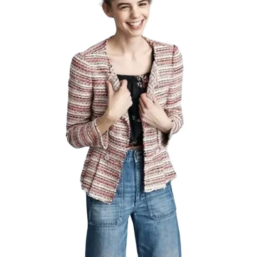 Rebecca Taylor Women's Optic Tweed Raw Hem Frayed Blazer Button Jacket Size 6